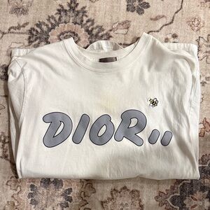 Dior White Short Sleeve Tee with Gray Logo and Small Yellow Bee